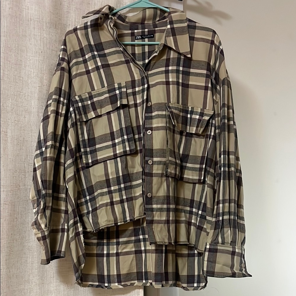 Zara Brown and Black Button Down Shirt with Plaid Pattern